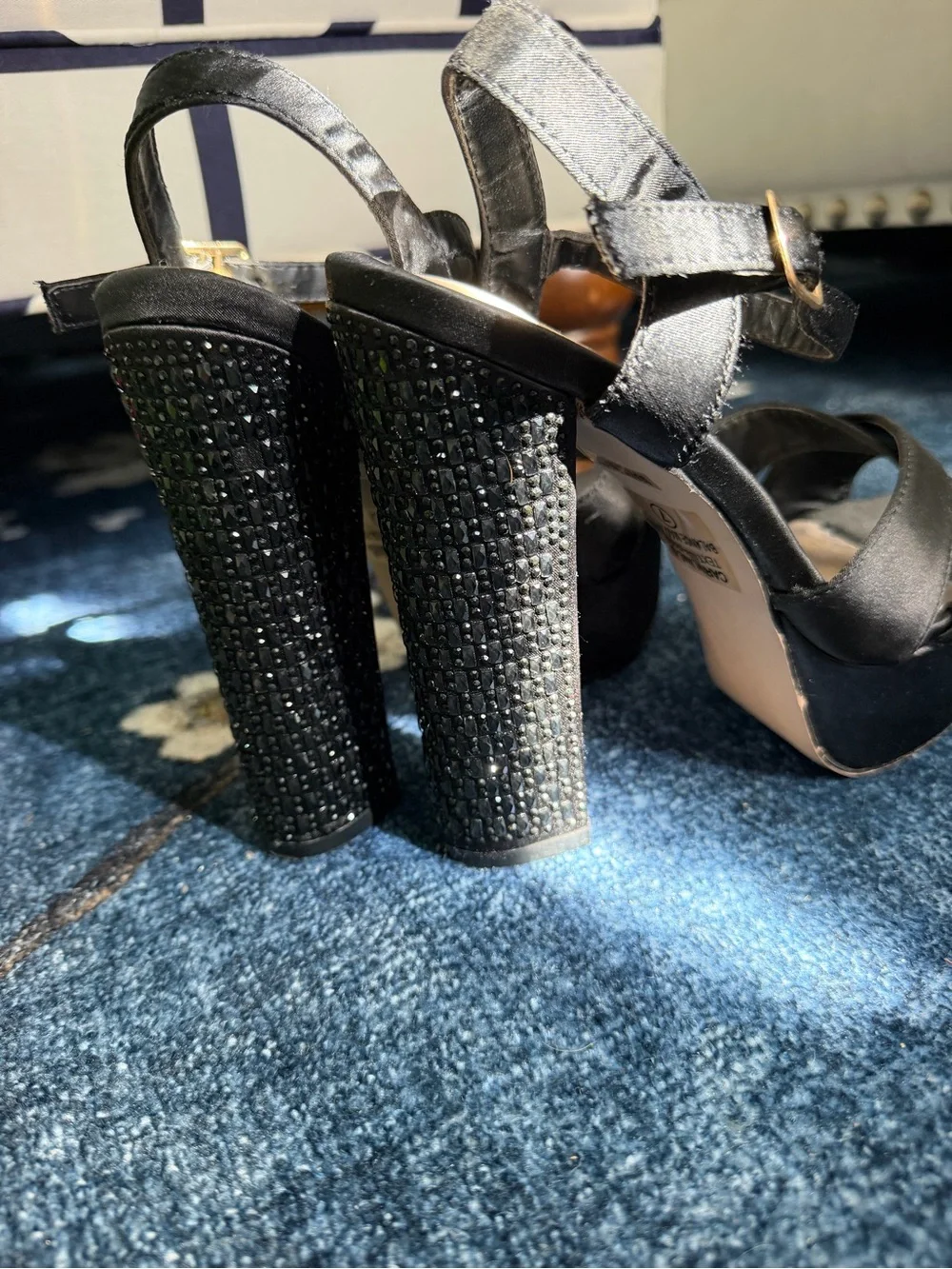Platform Rhinestone Block Heel Sandals in Black